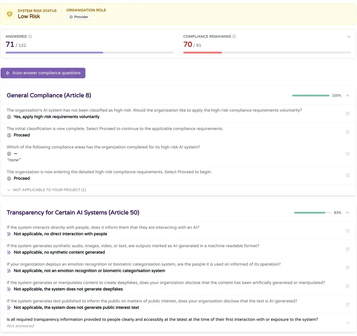 Compliance self-assessment: system risk status, 71 of 122 questions answered, auto-answer button, and obligations grouped by article with progress per group
