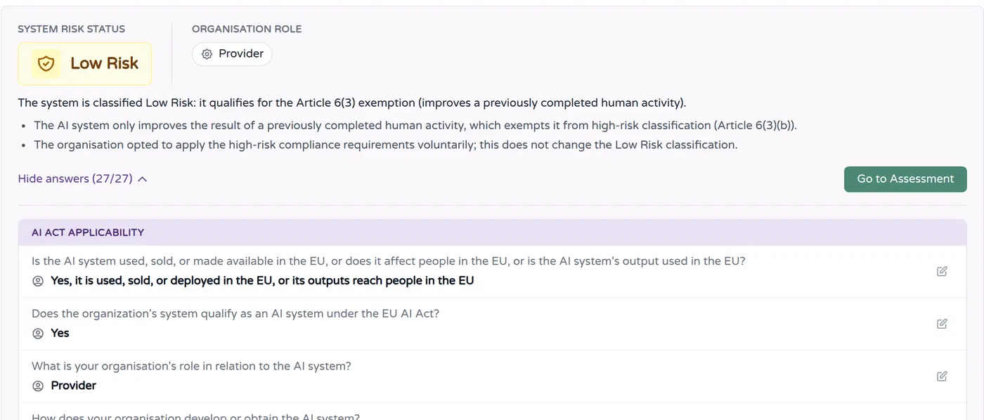 System risk status Low Risk, organisation role Provider, with the reasoning for the classification