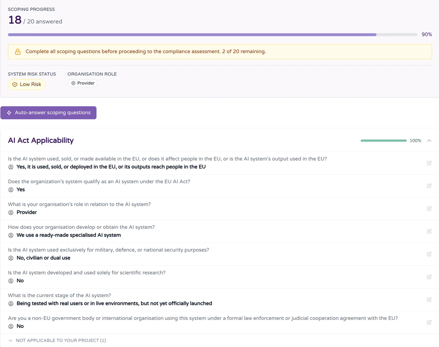 SurikaS EU AI Act assessment: scoping progress, system risk status and the applicability questions with their answers