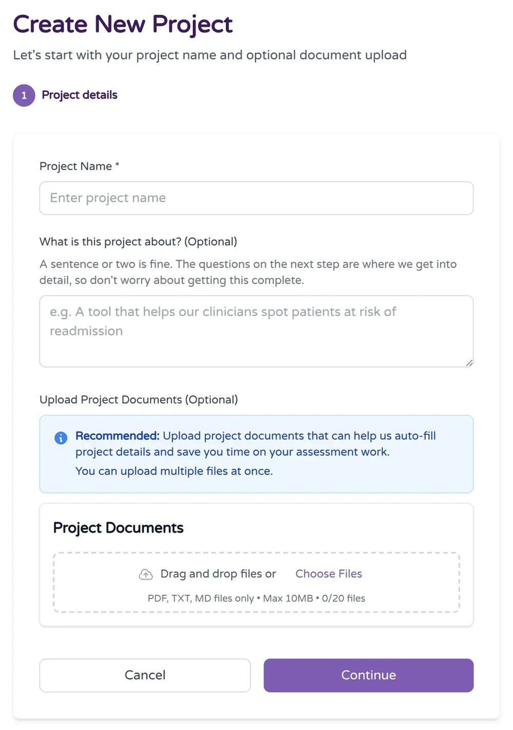 Create New Project form with project name, optional description and document upload